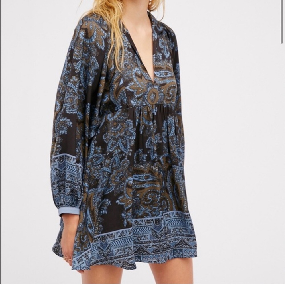 Free People Say You Love Me Mini Dress Size XS Blue Tunic Bishop Sleeves Boho